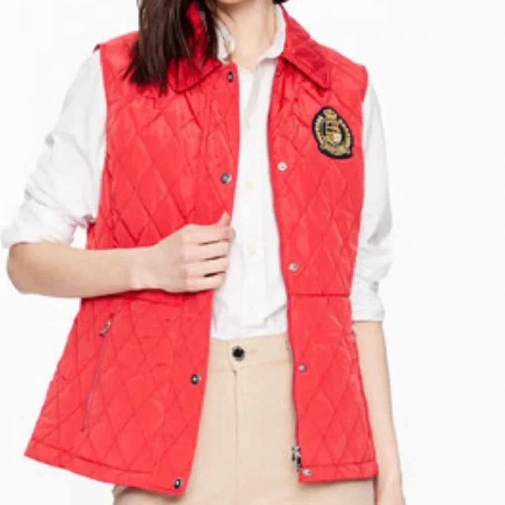 Ralph Lauren Quilted Embroidered Crest Patch Vest Zip Snap Lined Orange Sz S NWT - Picture 2 of 16